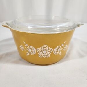 Gold Flower Butterfly Pyrex Covered Dish Bowl 6.5" 1 qt 473 Lid